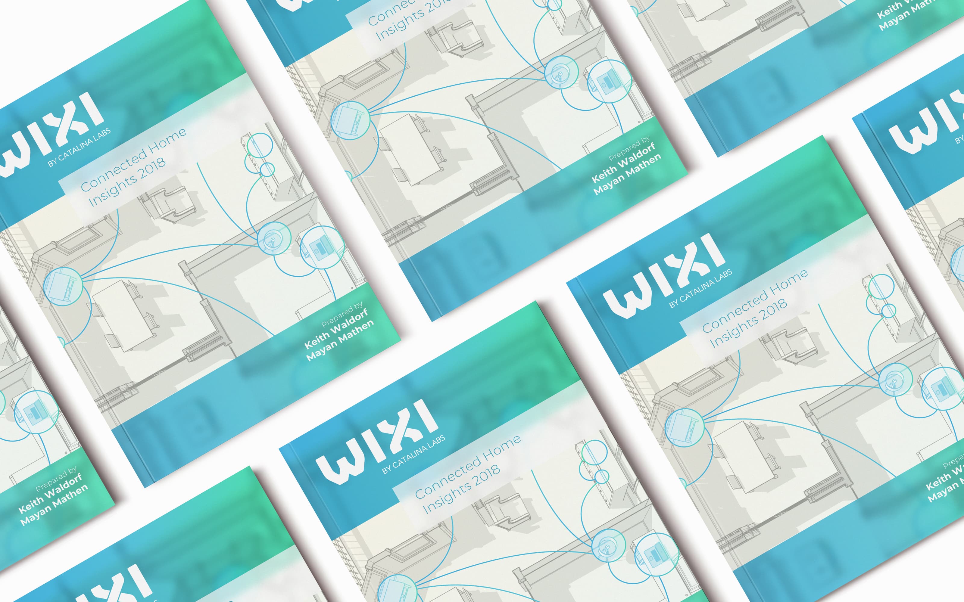 Copies of the Wixi Connected Home Insights 2018 report laid out in a repeating grid, its blue-to-green gradient cover showing a line-drawn floor plan with connected-device nodes
