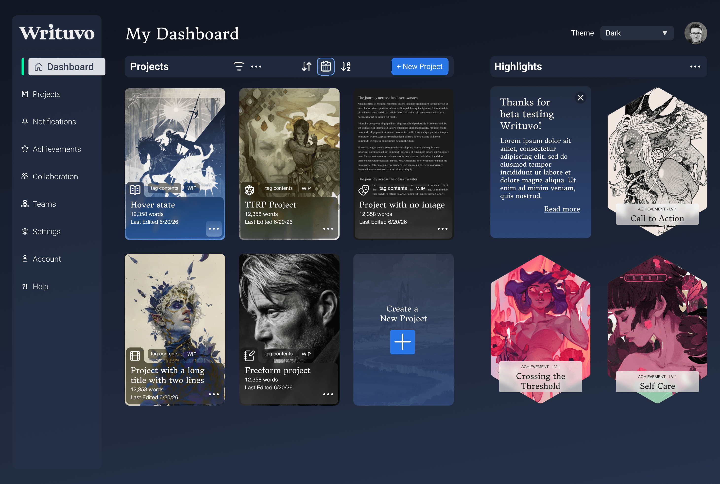 The Writuvo dashboard: a sidebar of navigation beside a grid of a writer's project cards, each with cover art and a word count